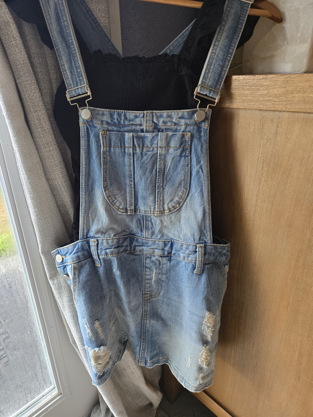 Tinsel Light Blue Distressed Denim Overall Mini Dress
